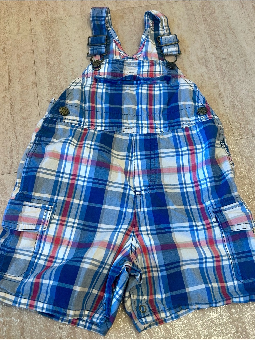 Osh Kiss B’Gosh Short Plaid Overalls Vestbak Side Pockets 24 Months